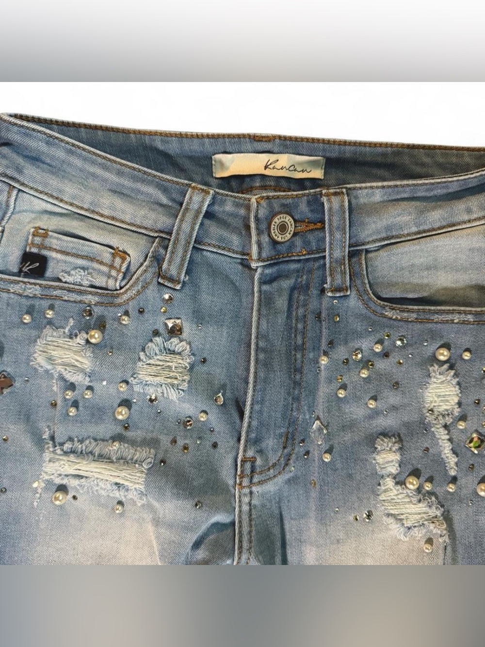 KanCan Light Blue Distressed Skinny Jeans with Stud & Pearl Accents